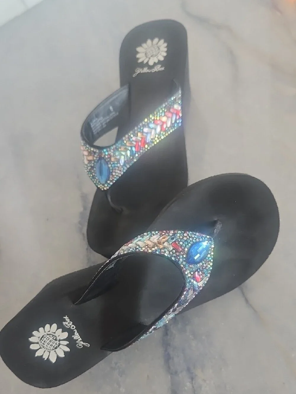 Yellow Box Black Wedge Sandals with Multicolor Jewel Accents